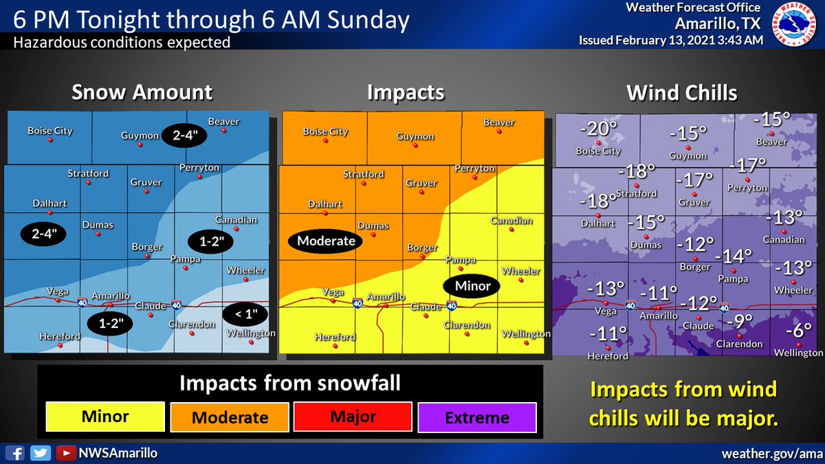 NWSAmarillo's tweet image. These three graphics depict the general timing of the winter storm and expected impacts due to snow and dangerous wind chills starting tonight through Monday morning. Travel is not encouraged! #phwx #okwx #txwx