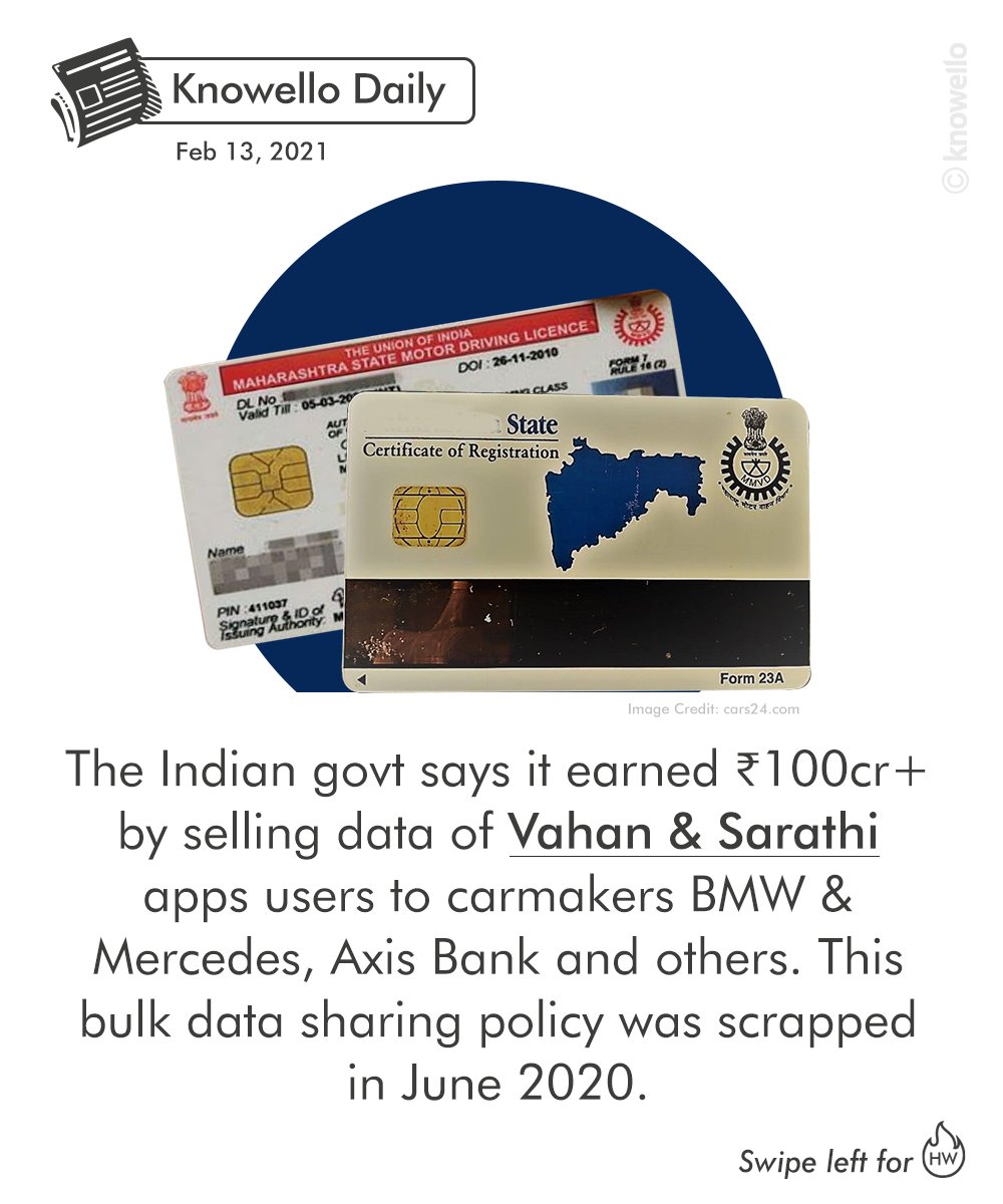 KnowelloWorld's tweet image. The Indian gov has earned crores from the now-scrapped policy. 

#datasharing #privacyissue #Vahan #Sarathi #vehicle #registration #drivinglicense #BMW #Mercedes #AxisBank #knowello