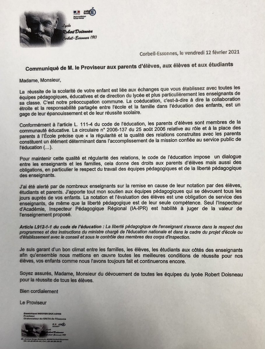 proviseurkarate's tweet photo. « Le code de l’éducation impose le dialogue entre les enseignants et les familles, cela donne des droits aux parents mais aussi des obligations, en particulier le respect du travail de l’équipe pédagogique et de la liberté pédagogique des enseignants. » J’y veille à ce respect. https://t.co/0DOYN9WnWl