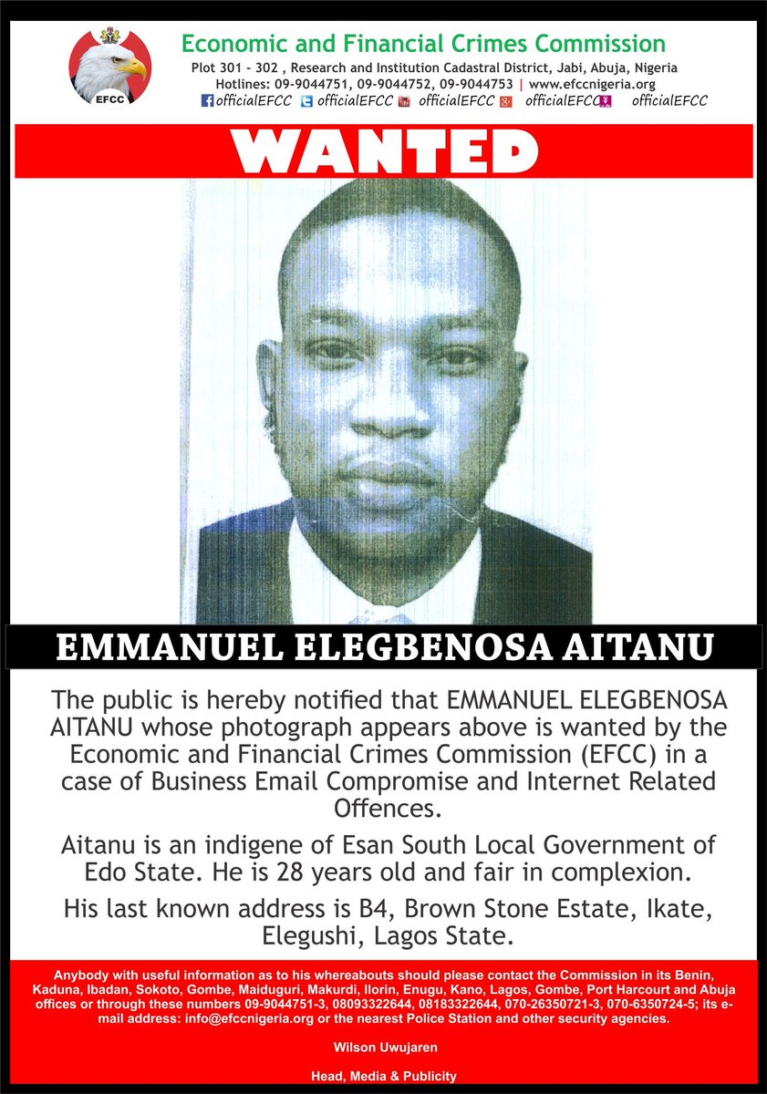 officialEFCC's tweet photo. WANTED!

#TheEagle
#SayNoToCorruption https://t.co/Nnz79hjL9i
