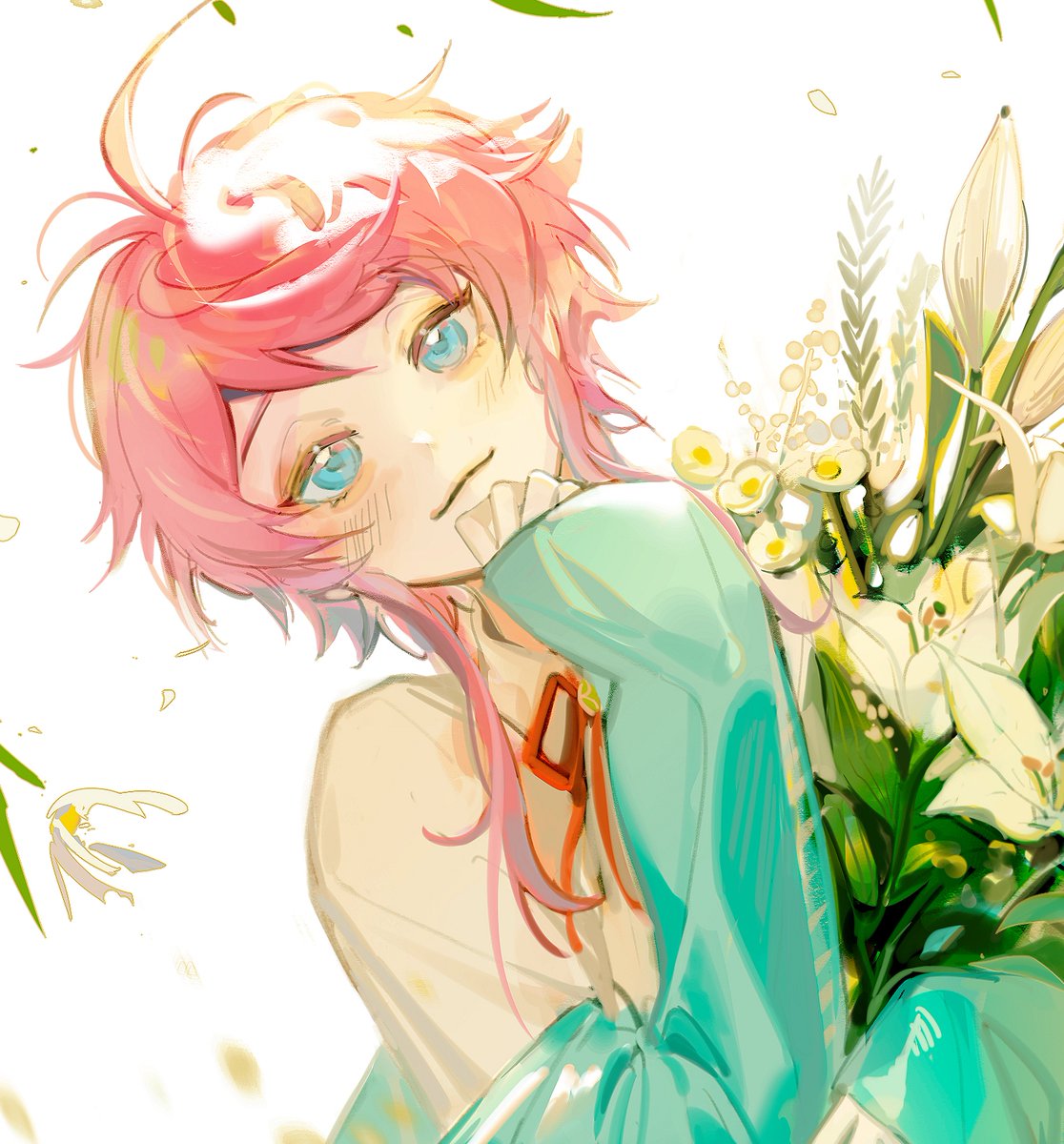 pink hair flower male focus 1boy blue eyes solo bouquet  illustration images