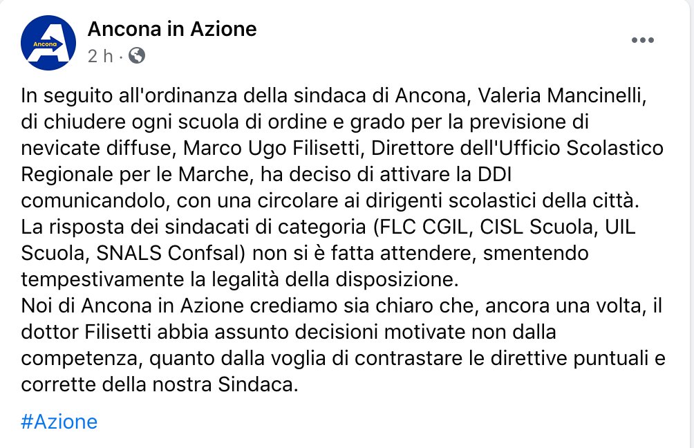 pfberardinelli's tweet photo. @CarloCalenda #AnconainAzione condivide e sostiene il comunicato dei sindacati che diffidano l'utilizzo della DDI perché le scuole sono chiuse per neve e non per Covid e quindi i prof non sono tenuti a lavorare. Le sembra normale?! #Azione #scuola #DAD #neve #allertameteo https://t.co/lESYGQ6w6Y
