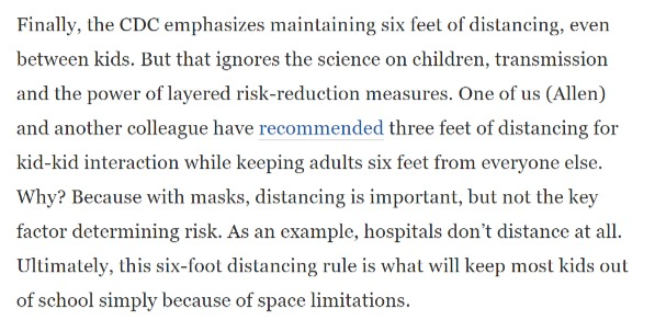 While reopener Joseph Allen, who criticized CDC's lack of focus on improving ventilation, complains about the social distancing guidelines. Because most school buildings can't reopen under those restrictions.  https://www.washingtonpost.com/opinions/2021/02/12/cdc-report-schools-problems/