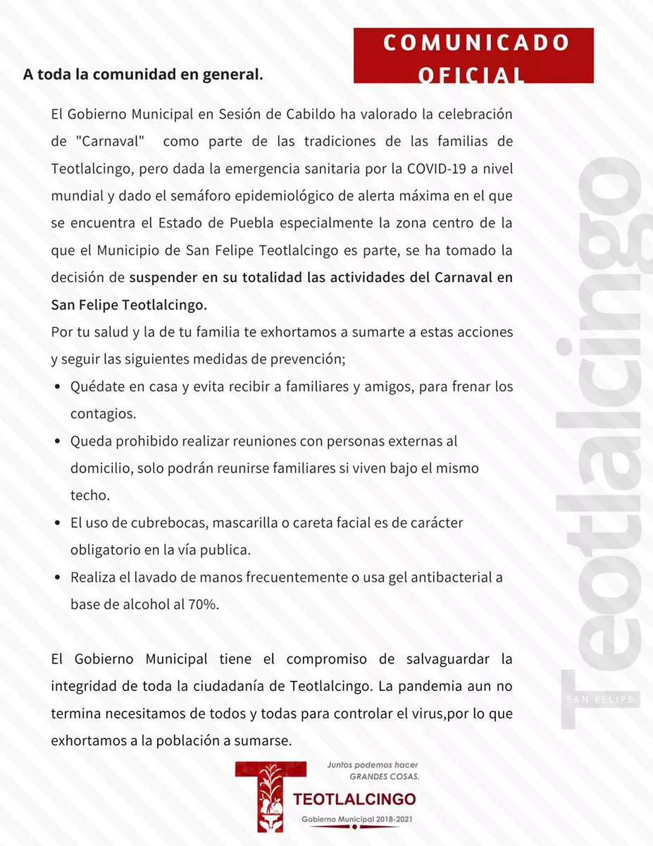HTeotlalcingo's tweet photo. 🔺 COMUNICADO OFICIAL 🔺

Debido a la pandemia por la #COVID19. 
No es tiempo de realizar reuniones fuera del núcleo familiar, ni de recibir a nuestros amigos en casa. Debemos cuidar nuestra salud y la de todos.

#JuntosLogramosGRANDESCOSAS
#JUNTOSCONTRAELCOVID19 https://t.co/F4d5yOleJl