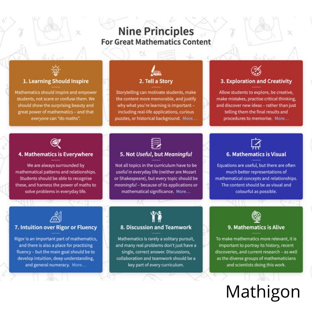 imathination's tweet image. 🤩 love these 9 Principles for Great #Math Content from @MathigonOrg. They describe how #learningmath should be experienced. This can be the norm in every classroom. #mathequity #ChangeThisReality