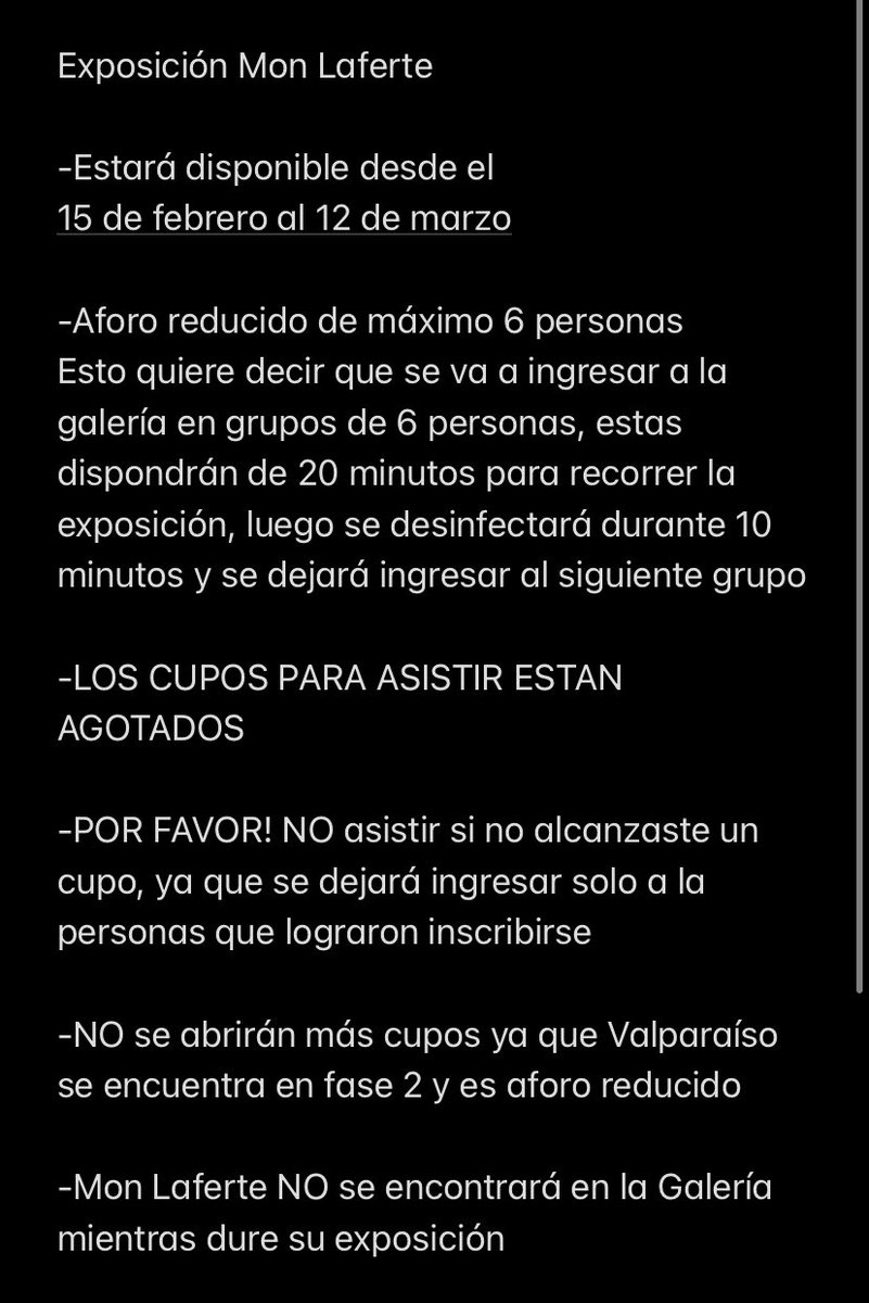 Amiga/os POR FAVOR 🚨

NO asistir a la exposición de <a href="/monlaferte/">Mon Laferte</a> si no alcanzaron su cupo, no los dejarán entrar, es aforo reducido y podrían poner en riesgo la continuidad de la exposición 

Esperamos que los que lograron inscribirse disfruten y no olviden las medidas sanitarias