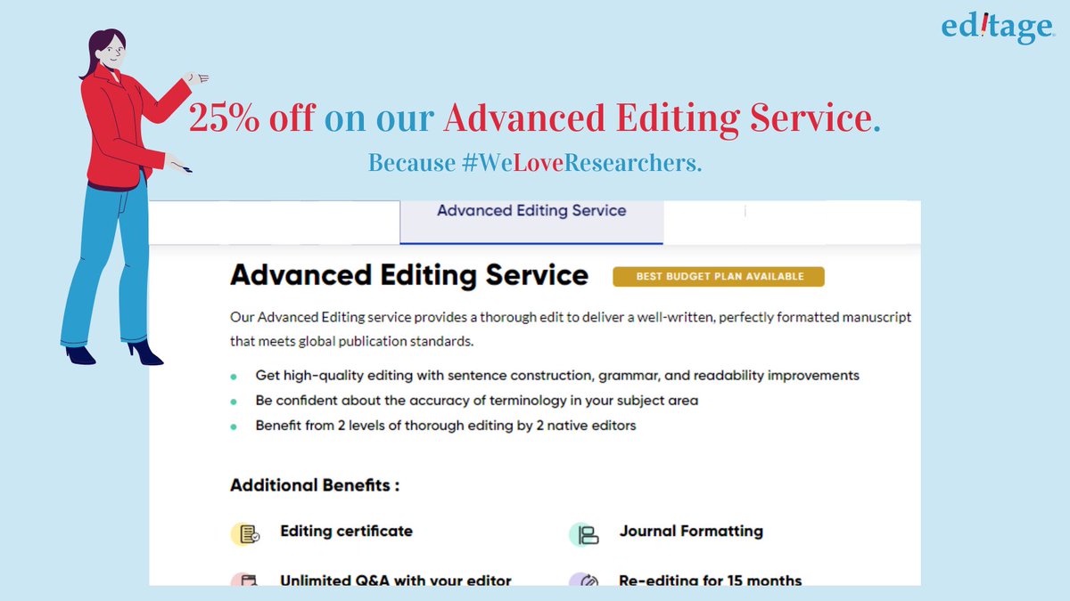 Editage's tweet image. Dear Researcher,

#HappyValentinesDay!💕Enjoy the day, and these discounts: 25% off on our #AdvancedEditing and #PremiumEditing services.

Because, yes, #ValentinesDay and also due to our #ResearcherLove.😍

Visit👉bit.ly/3pfKtM5

With love,
Editage🥰

#WeLoveResearchers