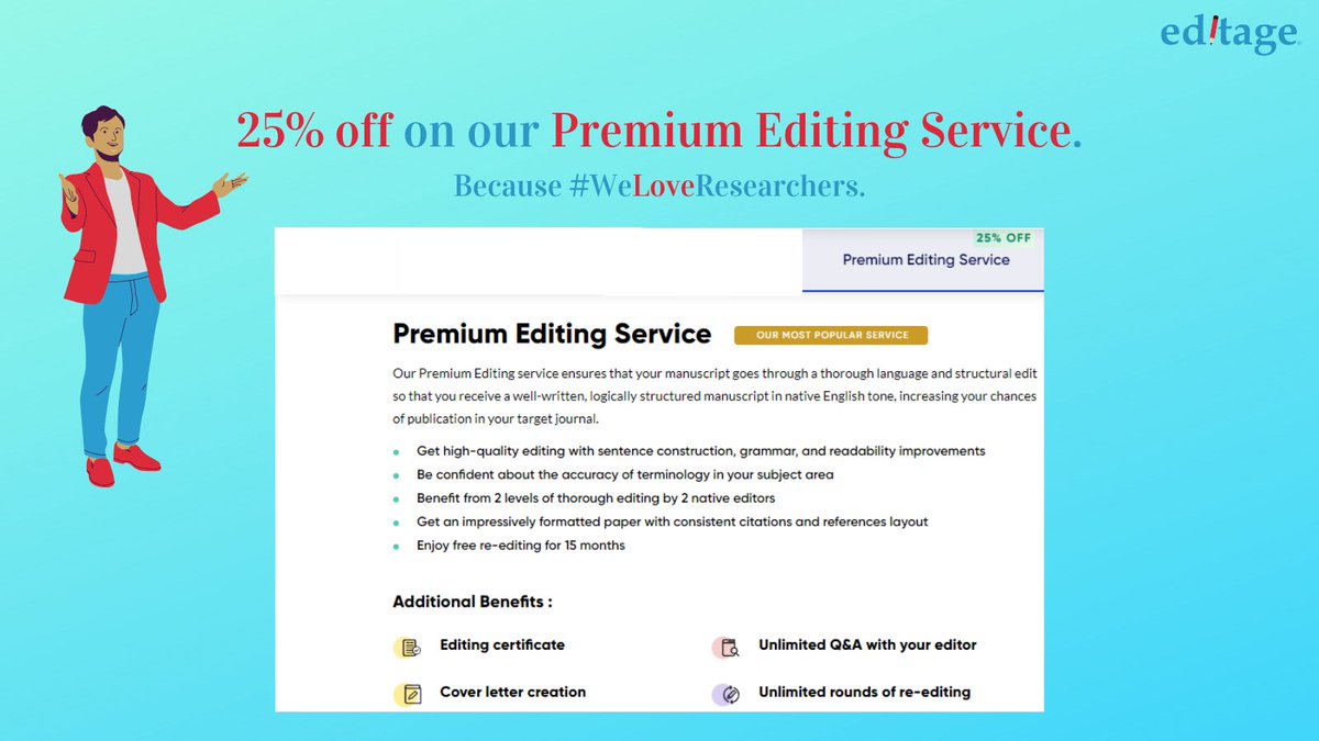 Editage's tweet image. Dear Researcher,

#HappyValentinesDay!💕Enjoy the day, and these discounts: 25% off on our #AdvancedEditing and #PremiumEditing services.

Because, yes, #ValentinesDay and also due to our #ResearcherLove.😍

Visit👉bit.ly/3pfKtM5

With love,
Editage🥰

#WeLoveResearchers