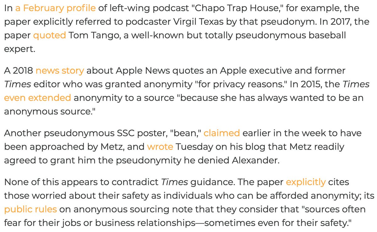 The Times, of course, has still not answered questions about why it would not afford SA the anonymity that it afforded so many other people. https://freebeacon.com/media/well-known-blogger-shuts-down-site-for-fear-of-nyt-doxxing/