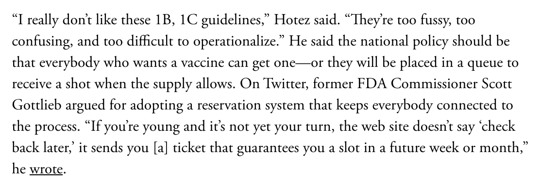 3. Use the expansion of vaccine supply to radically simplify eligibility requirementsPer  @ScottGottliebMD: “If you’re young and it’s not yet your turn, the web site doesn’t say ‘check back later,’ it sends you a ticket that guarantees you a slot in a future week or month."