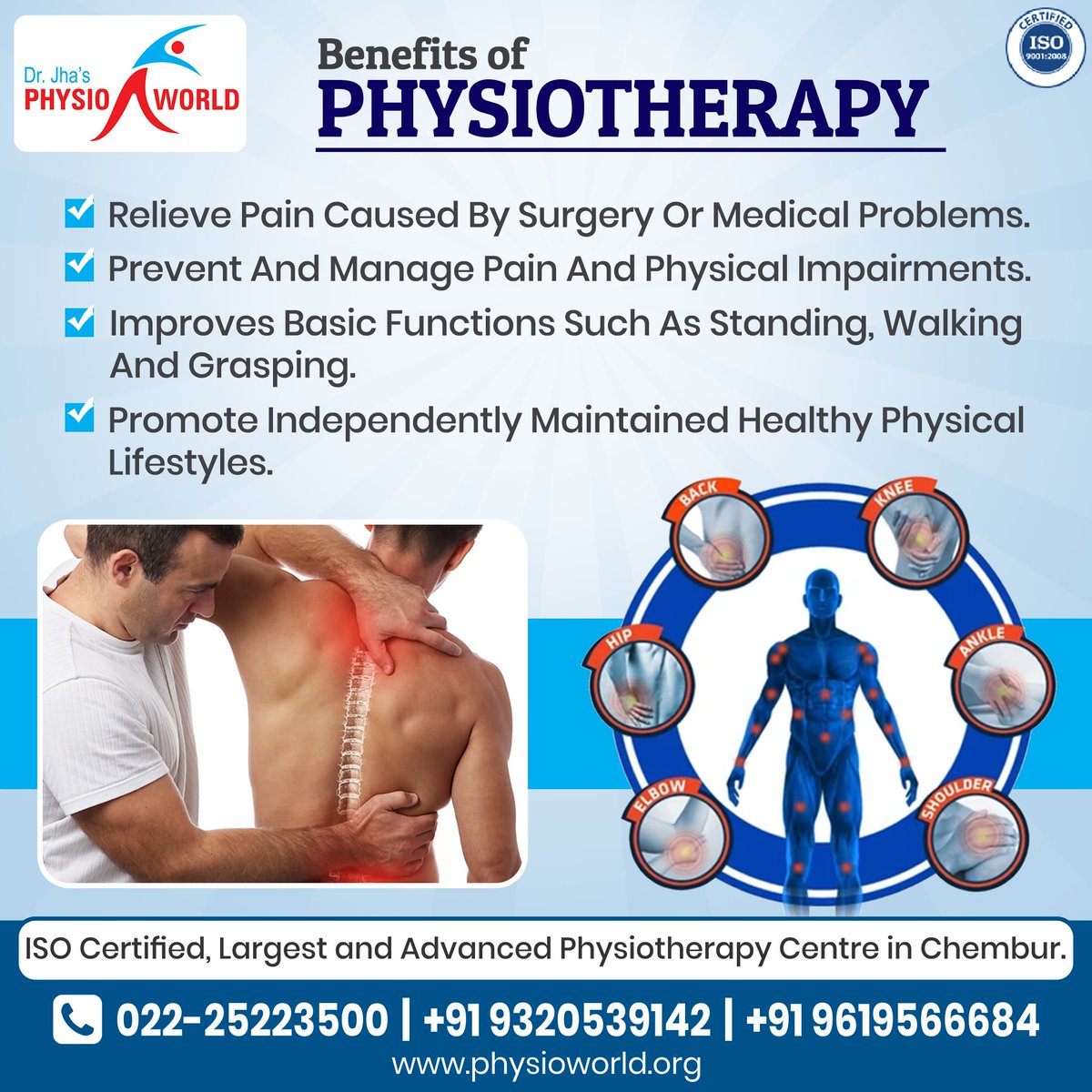 Top Benefits of #Physiotherapy – A Pathway to Long Term Pain Relief.

𝐃𝐫 𝐉𝐡𝐚'𝐬 𝐏𝐡𝐲𝐬𝐢𝐨𝐰𝐨𝐫𝐥𝐝
📞: 022-2522 3500
📌: #Chembur, #Mumbai.
🌐: physioworld.org

#Physioworld #DrNirajJha #painrelief #PhysiotherapyBenefits #PainRelieve #Injury #BodyPain #KneePain