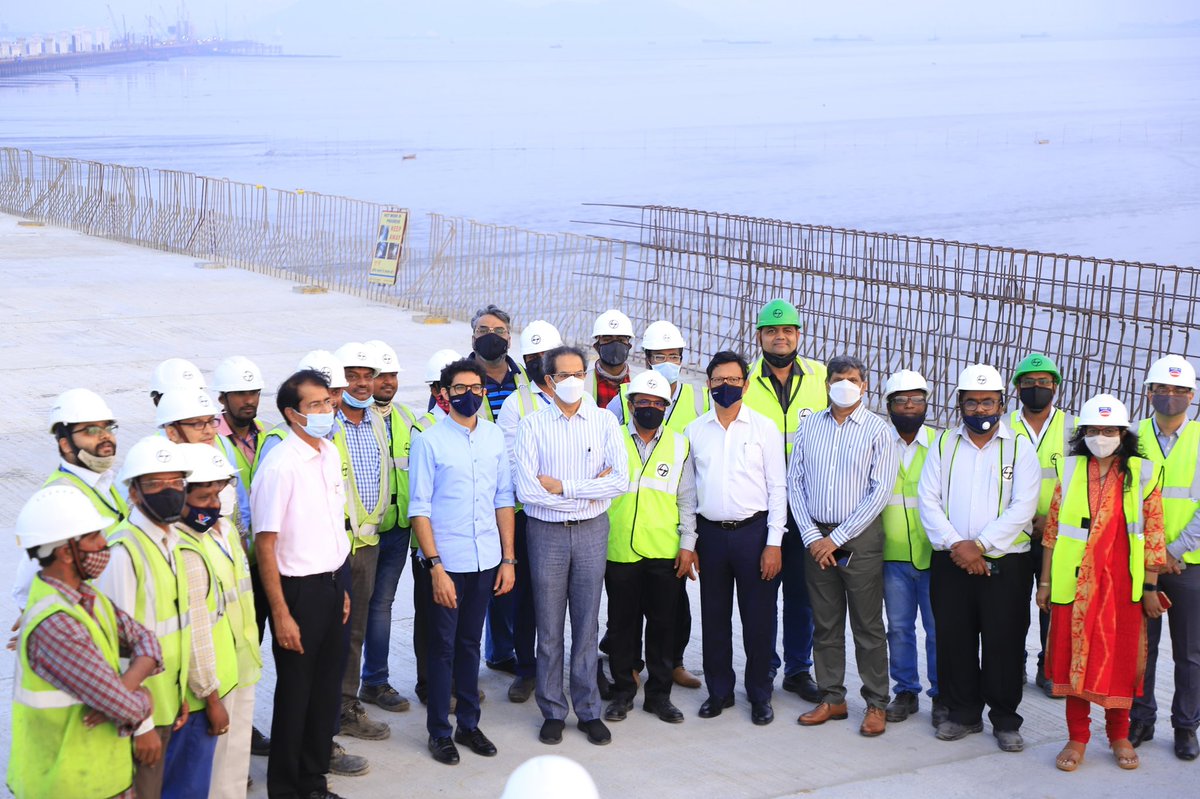 AUThackeray's tweet photo. This afternoon CM Uddhav Thackeray ji and I visited the MTHL to review the progress of the mega project. This is India’s longest bridge and longest sea bridge. The @MMRDAOfficial is committed to complete it by 2023 mid. We are ensuring they have no hurdles in its completion. https://t.co/2QTxQuk9ug