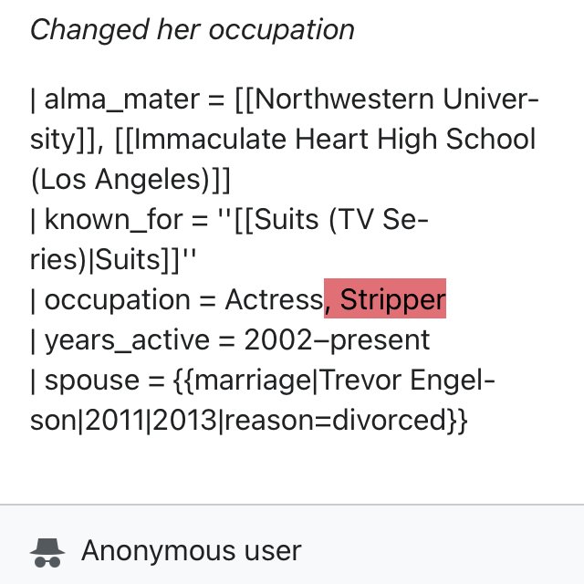Misogynoir towards  #MeghanMarkle part 3: In one of these, an anonymous user changes her occupation to "stripper".