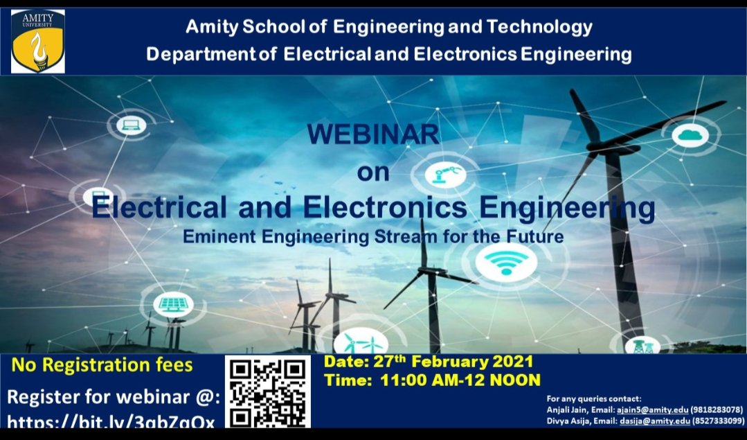 Amity_EEE's tweet photo. Join webinar on" Electrical and Electronics Engineering as  Eminent Engineering Stream for the Future" on 27th February from 11:00 am- 12 Noon...
For joining the Event ,Fill your details on👇👇 
https://t.co/bfLoem76HV https://t.co/1qdw7hAcfN