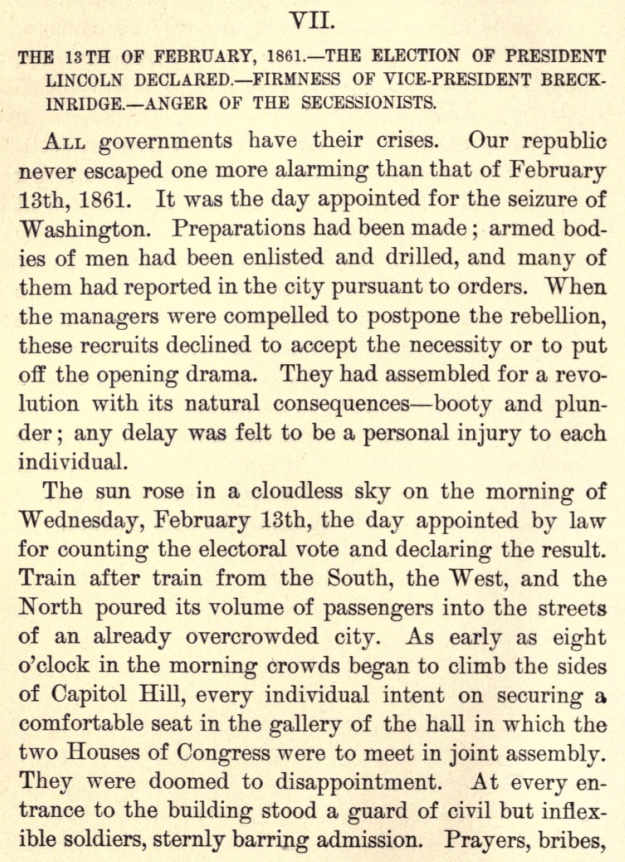 Lucius Chittenden, a Vermont delegate to Feb. 1861 Washington Peace Conference, later wrote of soldiers "sternly barring admission" to Capitol for electoral vote count, "the amount of profanity launched forth against the guards" (h/t Widmer's "Lincoln on the Verge") 5/