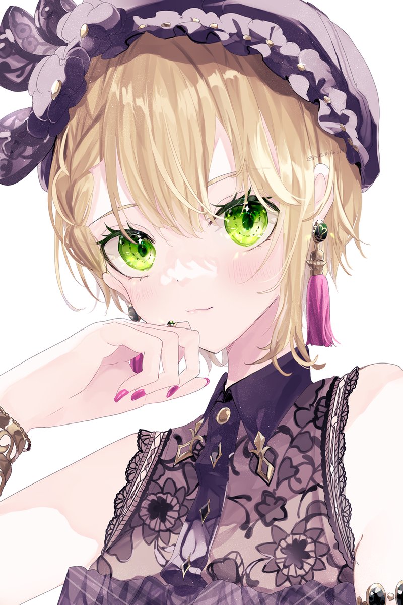 miyamoto frederica 1girl solo green eyes jewelry earrings blonde hair looking at viewer  illustration images