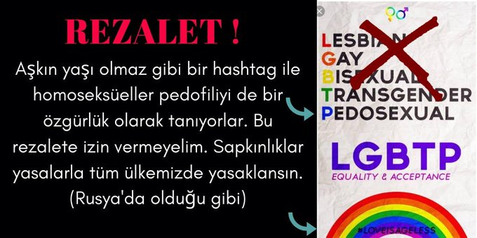 Lgbti Pedofilidir. İğrençliktir. Homoseksüeller aşkın yaşı olmaz şeklinde etiketlerle pedofilinin de bir özgürlük olduğunu savunuyorlar. BU TEHLİKEYE DUR DE !

(Demet Akalın Sadettin Saran)