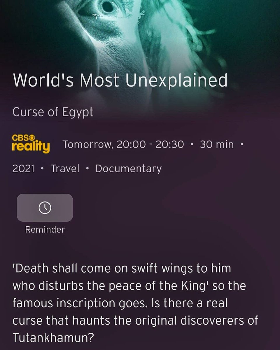 Spectrum_DW's tweet photo. ON TV AGAIN 📺 @Spectrum_1996 | The Curse of Egypt⚱👁⚰ Watch me and other experts discuss the most famous curse in history. Tomorrow 8pm on @CBS_Reality SKY 146 | VIRGIN 148 #TV #WorldsMostUnexplained #Paranormal

▶️ @virgin, @skytv, @AppleTV, @PrimeVideo, @discoveryplus https://t.co/MO582sJoWv