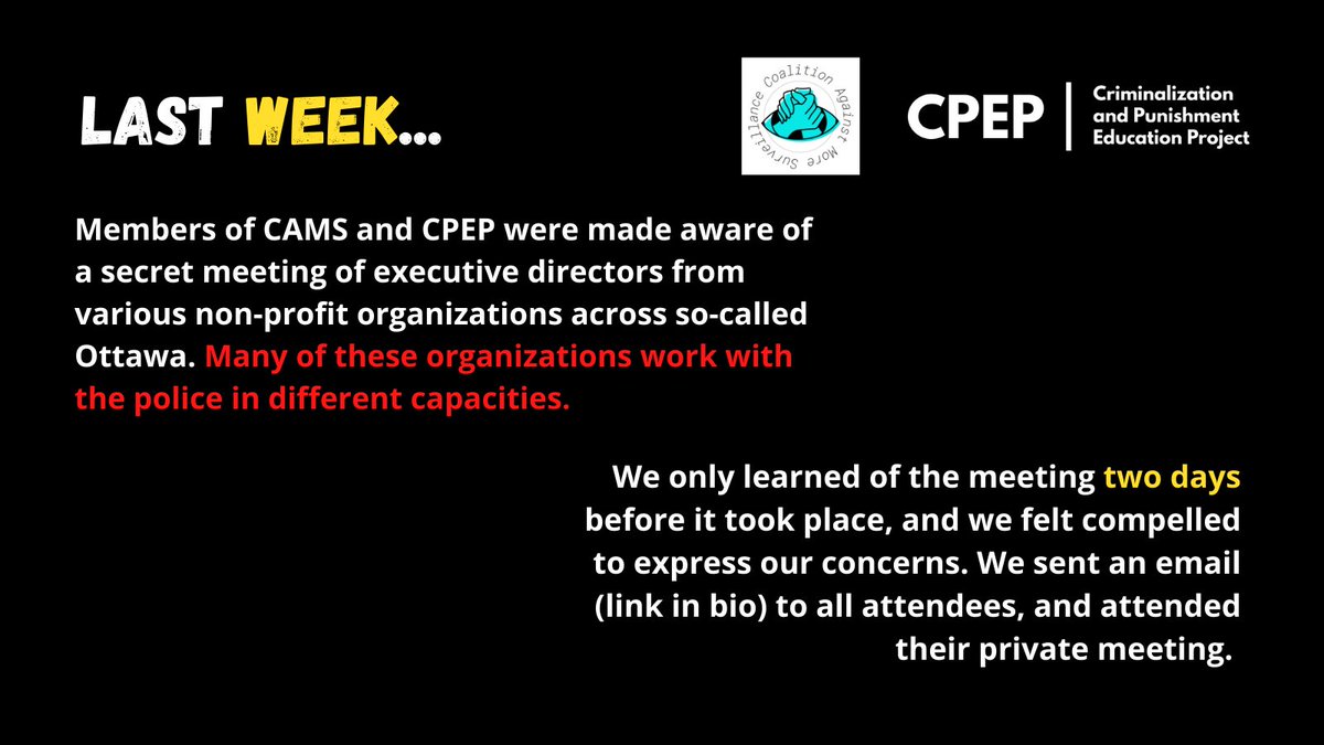 Last week, CAMS and  @CPEPgroup were notified of a closed-door meeting of executive directors from various NPOs across Ottawa. They were discussing alternatives to policing. No one from the community was invited, despite the on-going labour of community members.