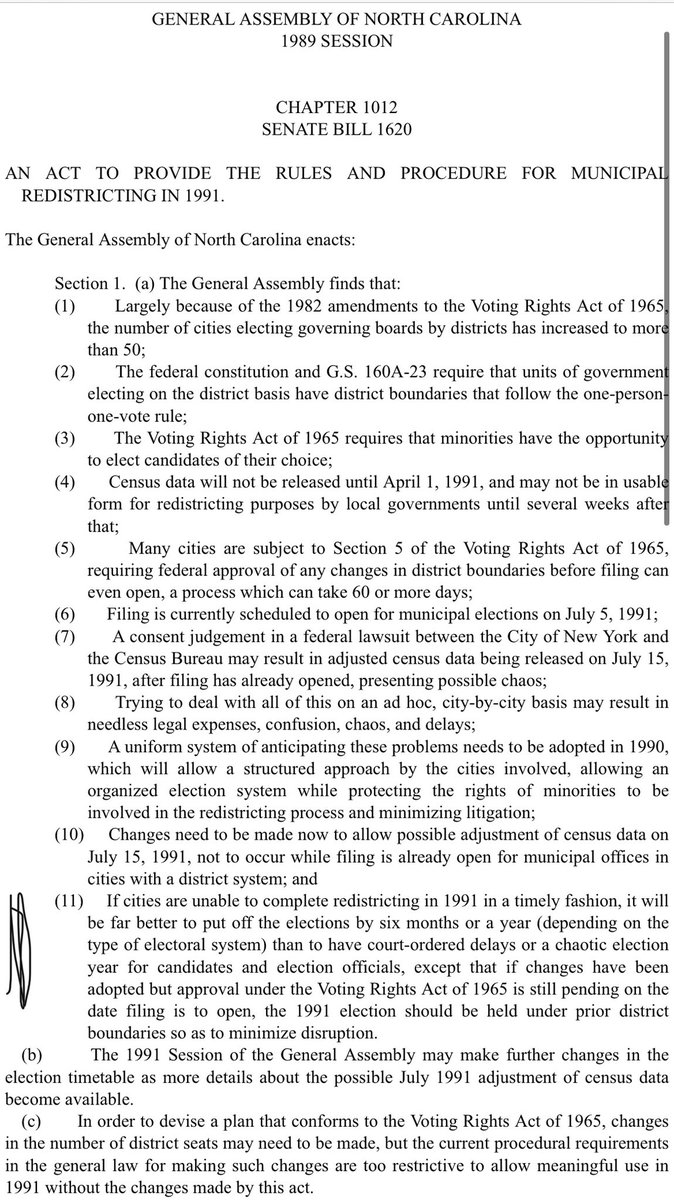 Here’s the whole uncodified findings of fact in the 1990 law (it’s the law, but you can’t find it in the statute books) to give some historical perspective on census related NC municipal election delays. It’s been 31 years since I wrote it. /4  #ncpol