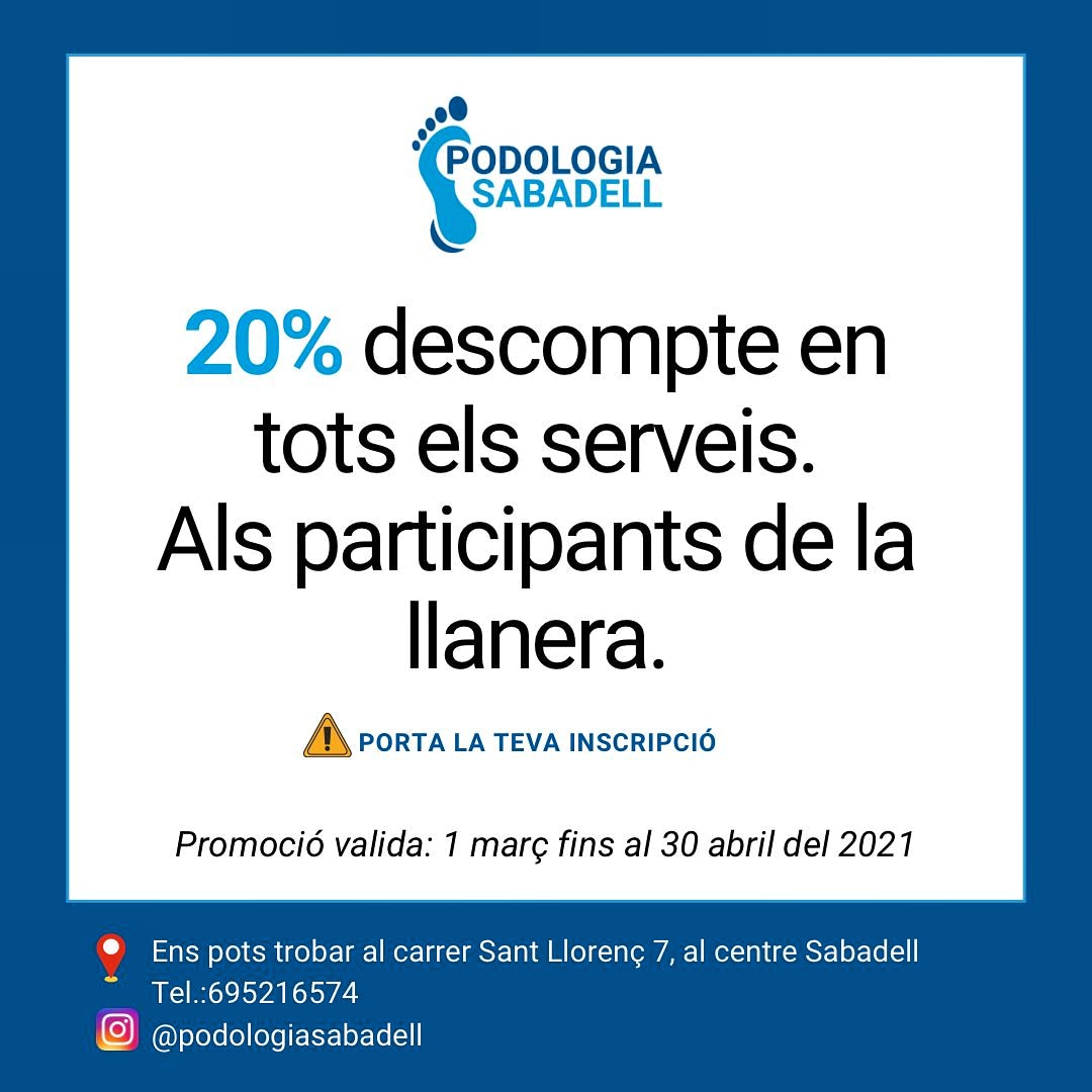 Avui anunciem la incorporació com a colaboradors a @podologiasabadell per tenir cura de l'eina essencial dels corredors:els vostres peus.
Amb aquesta super promoció vàlida pels mesos de març i abril.
Ah! I ben aviat novetats sobre un dels requisits de la promo... les incripcions!