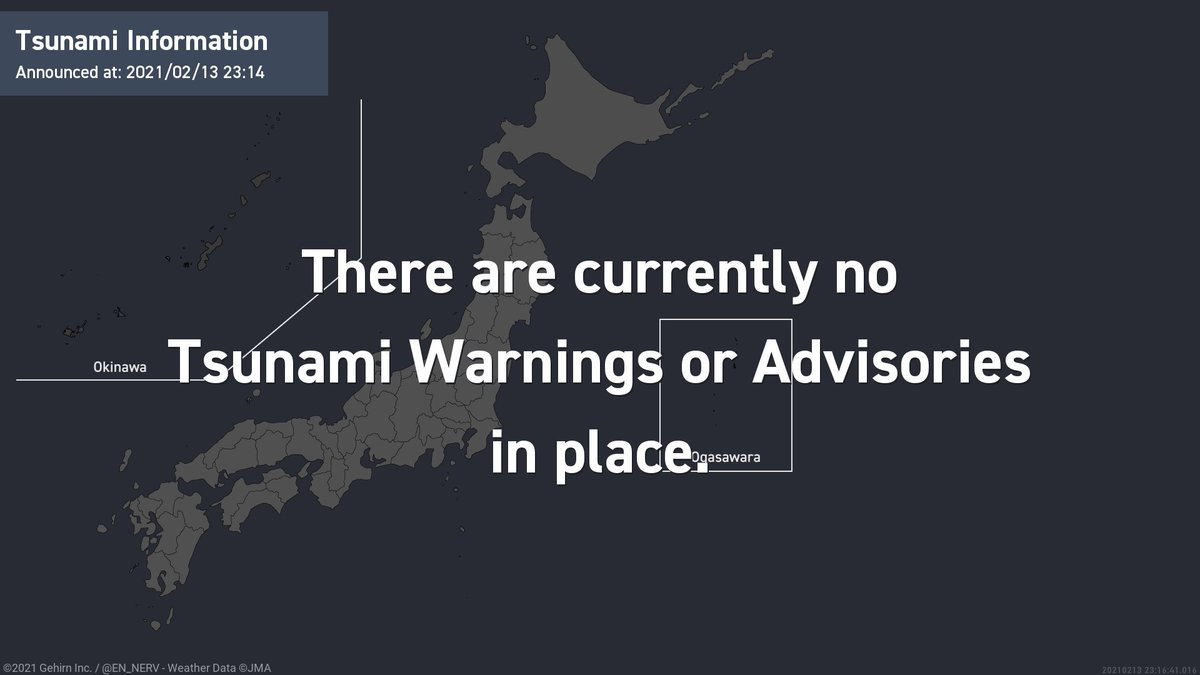 Tsunami Information – 2/13
A Tsunami Forecast has been issued for slight sea level change.

Information about the epicenter:
At around 11:07pm, an earthquake with a magnitude of 7.1 occurred Offshore Fukushima Prefecture, at a depth of 60km. https://t.co/3004wJud8S