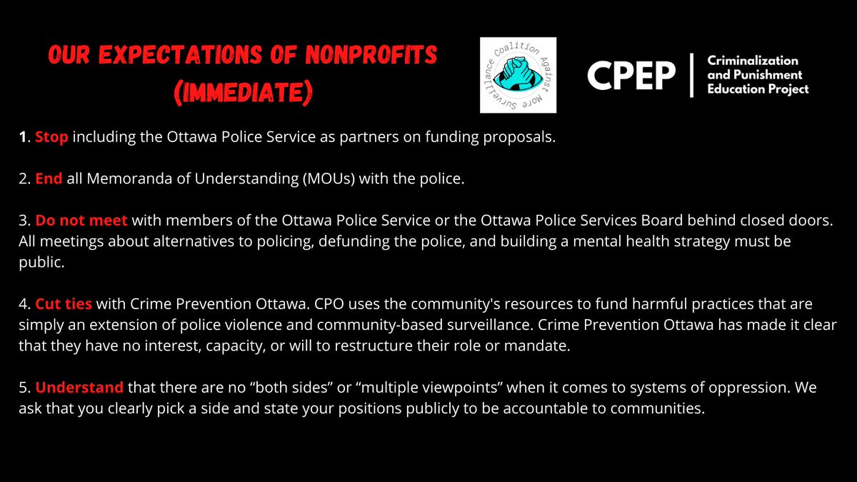 We ask non-profit organizations choosing to push for change to demonstrate their commitment by meeting these expectations (immediate & ongoing) in their work moving forward and refrain from speaking on behalf of community groups and members.