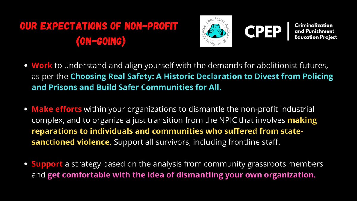 We ask non-profit organizations choosing to push for change to demonstrate their commitment by meeting these expectations (immediate & ongoing) in their work moving forward and refrain from speaking on behalf of community groups and members.
