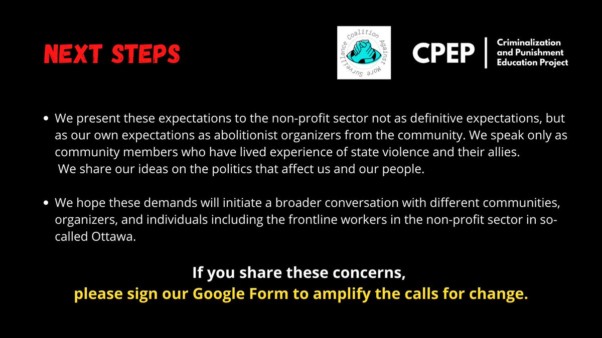 We ask community members, organizers, and employees of the non-profit sector who may share our concerns to sign on to our form (linked below) and support these expectations. We are also asking for your feedback, input, and concerns. https://docs.google.com/forms/d/e/1FAIpQLSd3WovjU4AccUDM4PftkMA13ZaTq0Djb7kkUadPXSr8QHqCDA/viewform