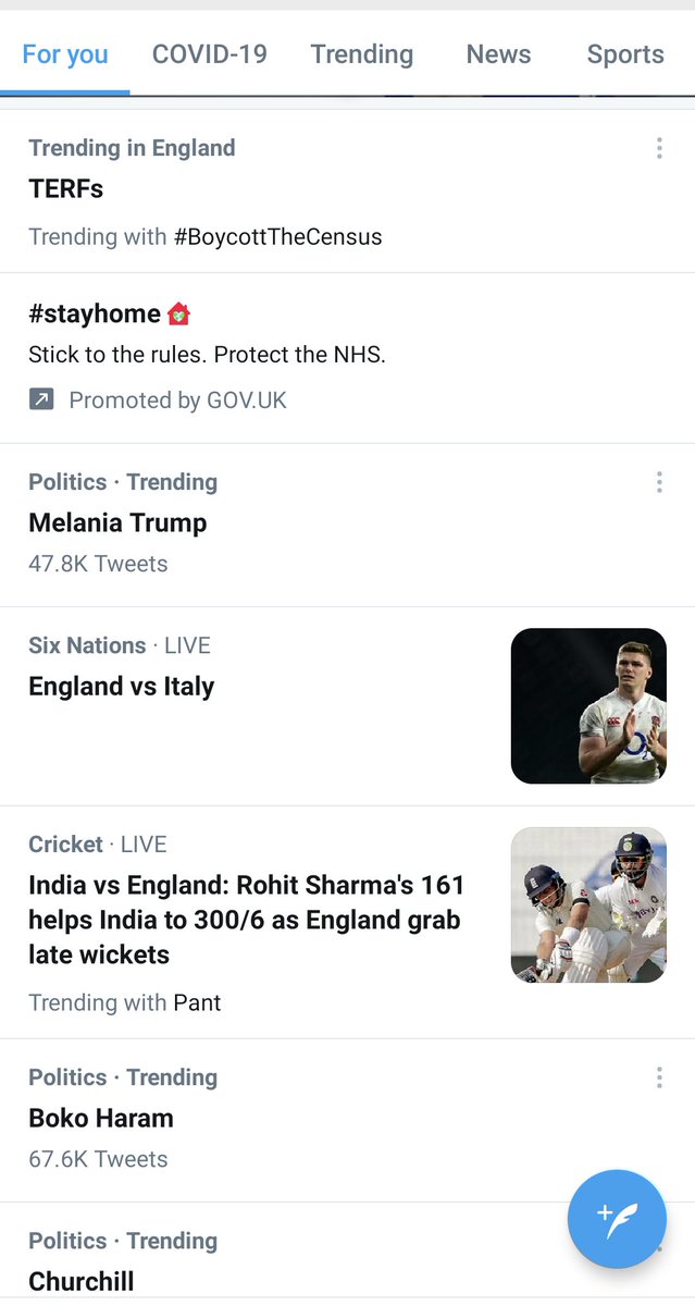 Seriously, check the top of the screenshots of the trending screen here. And also check the numbers of tweets it sometimes shows - when I looked before, the terfs one only had 5000 tweets! That's nothing, some people seem to do threads that long 