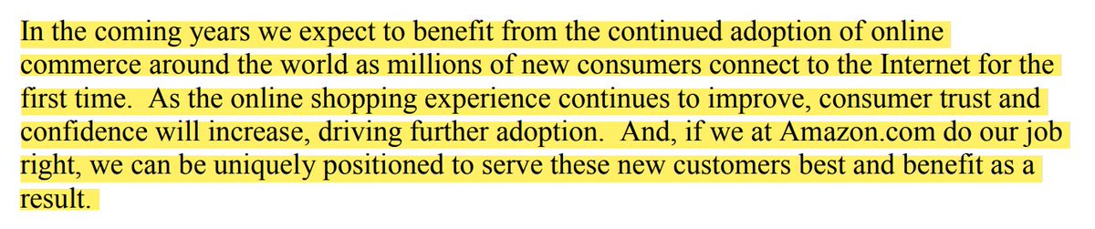 2/ Bezos begins by explaining the internet was still young, millions would be going online for the first time in the coming year, and, if  $AMZN did its job right, it would have the opportunity to serve these millions of new customers.