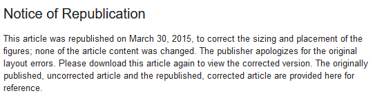 Screenshot of the Notice of Republication, reading: This article was republished on March 30, 2015, to correct the sizing and placement of the figures; none of the article content was changed. The publisher apologizes for the original layout errors. Please download this article again to view the corrected version. The originally published, uncorrected article and the republished, corrected article are provided here for reference.