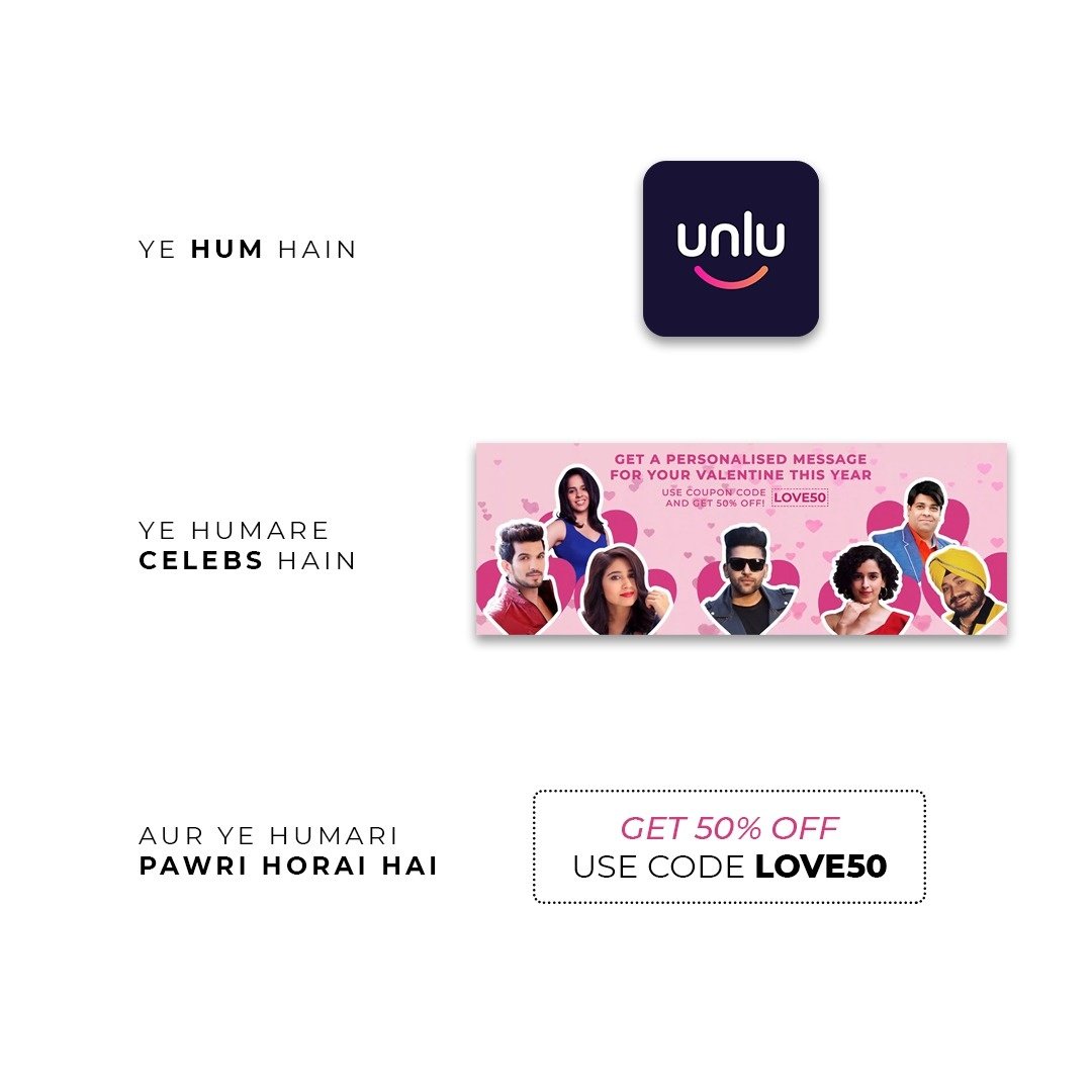 Abhi to party shuru hui hai? Join the unlu valentine's day celebration now! Use coupon code LOVE50 to avail 50% of on your valentine's day message!

#pawrihoraihai #pawrihorihai #valentinesday #bollywood #celebrity #pawrihorahihai