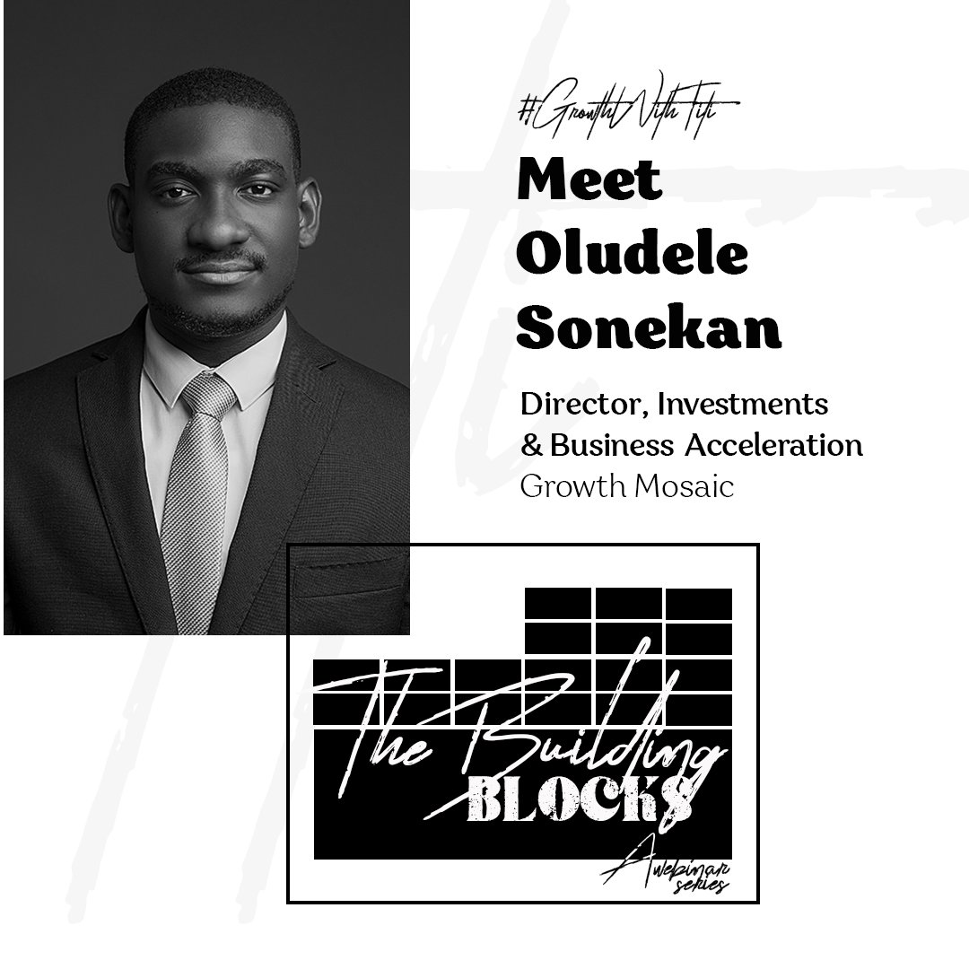 growthwithtiti's tweet photo. Meet OluDele Sonekan, our guest speaker for today's Building Blocks Webinar Series. He is the Director of Investments at @GrowthMosaic and supports fundraising and investment strategy, and deal structuring. 

#GrowthWithTiti #TheBuildingBlocks #Webinar https://t.co/Ui7bvyQGEt