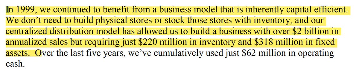 4/ Again, we take the e-commerce > brick-and-mortar argument almost for granted now, but back in 1999 Bezos was still taking pains to explain the advantages of an online-only business retail model. We see a different form of the same argument many times in Bezos's early letters.