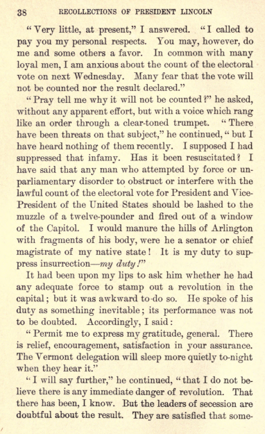 Great quotes from Gen. Winfield Scott ("Old Fuss and Feathers), per Chittenden:Anyone interfering with vote count should be "fired out of a window of the Capitol""It is my duty to suppress insurrection - my duty!"Arrest a senator for treason? "No! I will blow him to hell!"