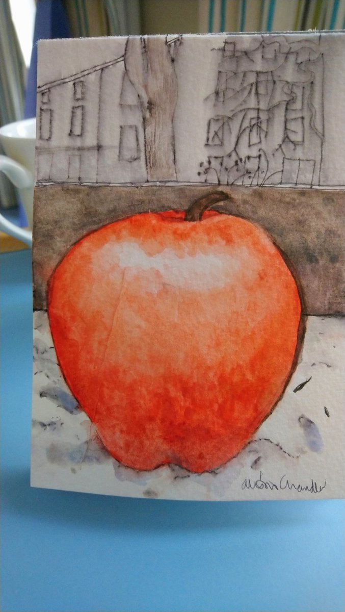 1st #artwork piece thanks to @NHSEndowment Friends of Roxburghe House, <a href="/CorraFoundation/">Corra Foundation</a> <a href="/GHATArt/">GHAT</a>. I paint apples to remind me of my mum's message that I have a strong core. This is "Apple in Snow with grey squirrel. Watercolour and all materials from artwork pack!