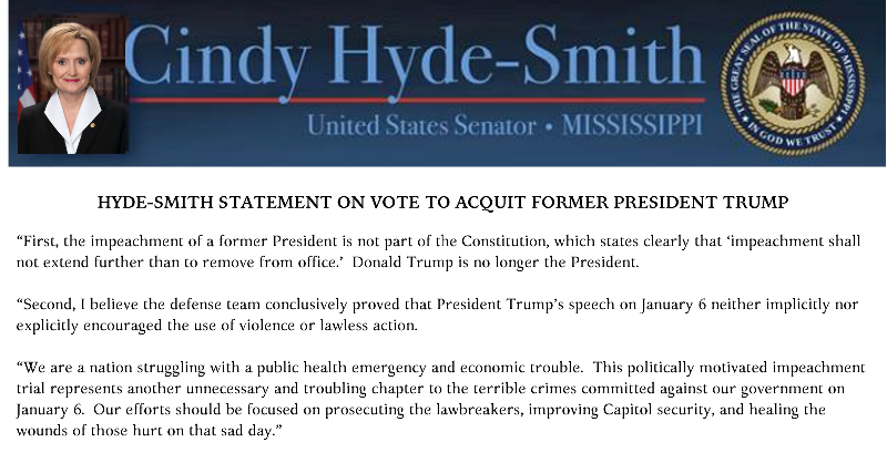 SenHydeSmith's tweet photo. I voted to acquit former President Trump. Read my full statement below: