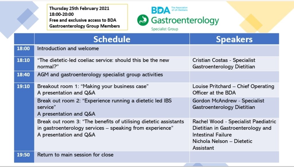 You can now sign up to our upcoming exclusive webinar for BDA Gastro Group members🤓

We can't wait to share these innovations in gastro ➕ have some great discussions in break out rooms to give you practical info🤗

Members can sign up on:
bda.uk.com/specialist-gro…
Please retweet!