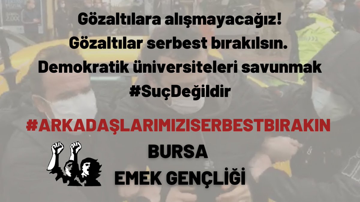 bursa_emek's tweet photo. İl yöneticimiz Eren Öner'in de aralarında olduğu çok sayıda kişi gözaltına alındı. Gözaltına alınan tüm arkadaşlarımız derhal serbest bırakılsın.
 #asagıbakmayacagız 
#ARKADAŞLARIMIZISERBESTBIRAKIN 
#SerbestBırakın https://t.co/uw9KgJTNlP
