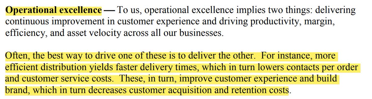 7/ I love the framework Bezos used for thinking of operational excellence: Greater margins/efficiency/ productivity often came from delivering a better customer experience.
