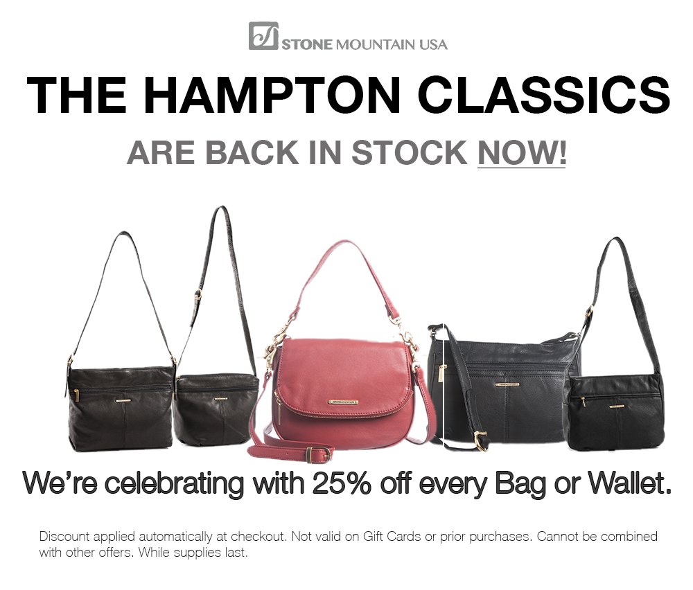 Stone Mountain Bags on X: Special Announcement from Stone Mountain  Handbags - After a long wait, the iconic HAMPTON COLLECTION of bags is now  back in stock! -   / X