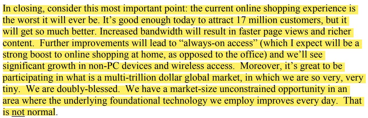 8/ Visionaries always see the future so clearly. Bezos saw that  $AMZN was good enough for 17M customers in 1999, but that improvement in the internet's infrastructure would make online shopping such a better experience in the years ahead.