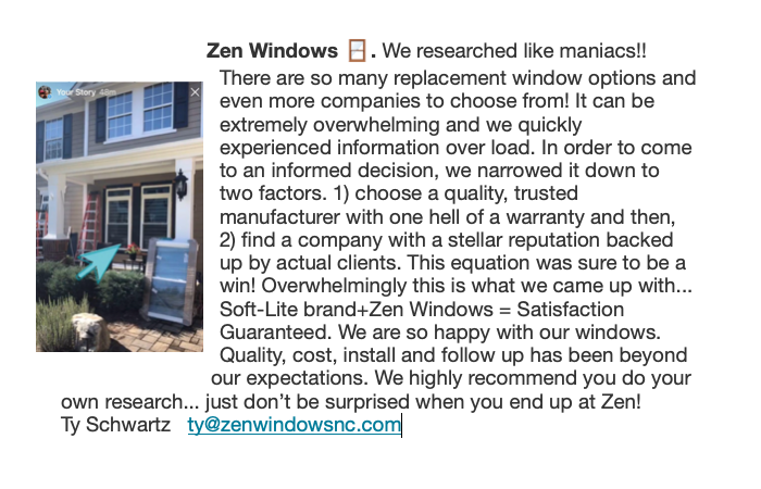 ZenWindowsNC's tweet photo. Elaine R. - thanks for your great comments on Next Door about Zen Windows and our install team!  #ZenWindowsCarolinas#GreatWindowInstall#NextDoor https://t.co/XJmp9CHfnn