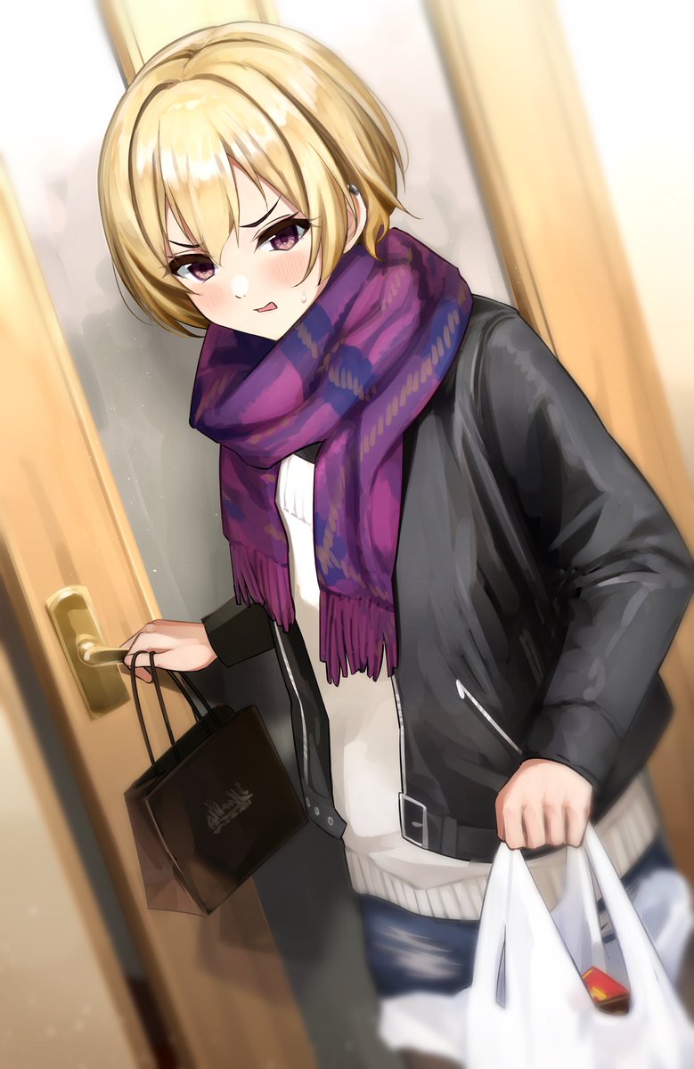 saijo juri 1girl blonde hair scarf solo jacket bag short hair  illustration images
