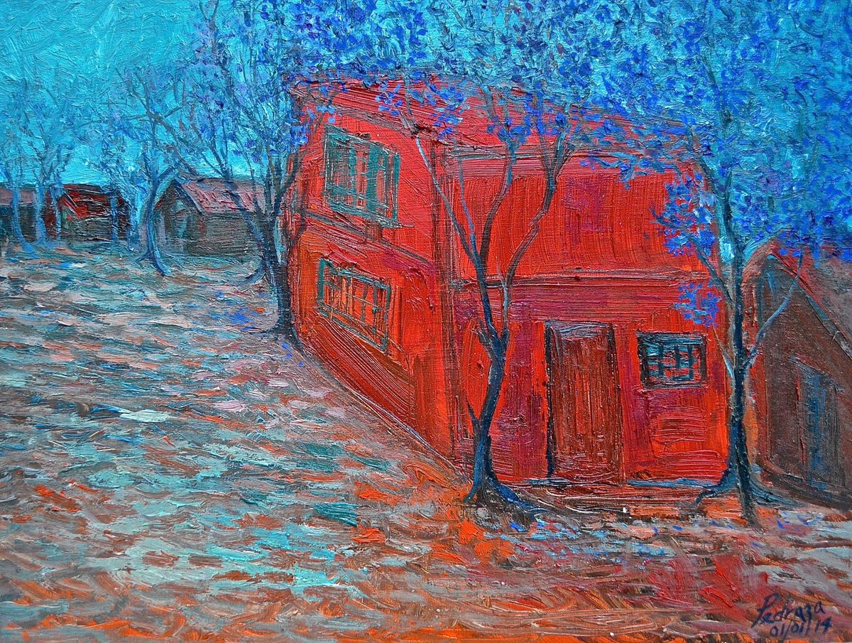 "La casa roja rodeada de jacarandas"" Oil on MDF panel alla prima, enero 1, 2014. Santiago, Nuevo León - MÉXICO. #lauropedraza #arte #art #pintura #painting #lacasaroja #jacarandas
