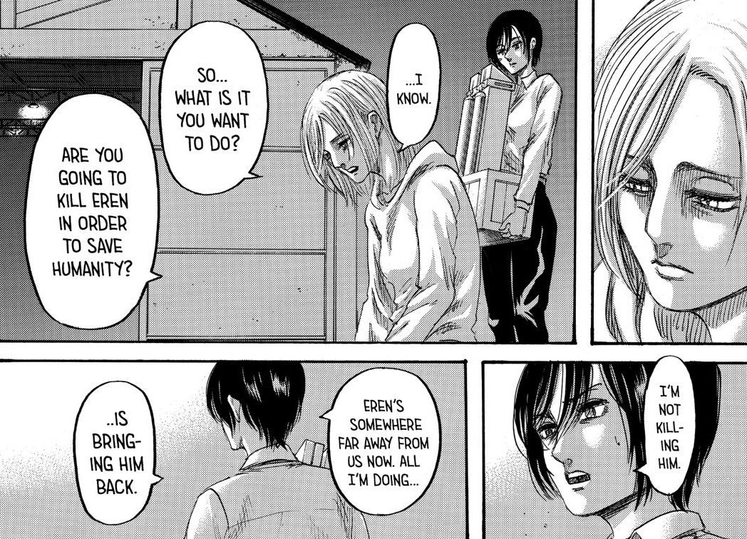 annie’s way forward therefore includes connecting to other people. in this way, her character arc is a foil to mikasa’s. mikasa needs to learn independence, a quality annie already has; annie needs to be able to connect with other people, something mikasa already can.