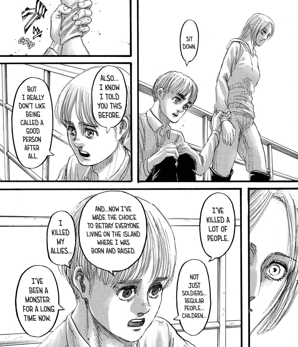 however, thanks to armin’s influence, kiyomi’s words about not living with regrets, AND falco and gabi showing how they haven’t lost hope and wants to move forward despite having given up herself, led to annie finally being able to make that leap in the end and rejoin the battle.