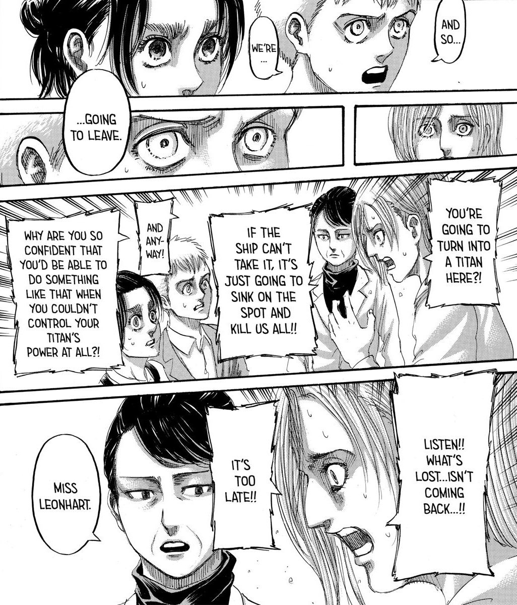 however, thanks to armin’s influence, kiyomi’s words about not living with regrets, AND falco and gabi showing how they haven’t lost hope and wants to move forward despite having given up herself, led to annie finally being able to make that leap in the end and rejoin the battle.