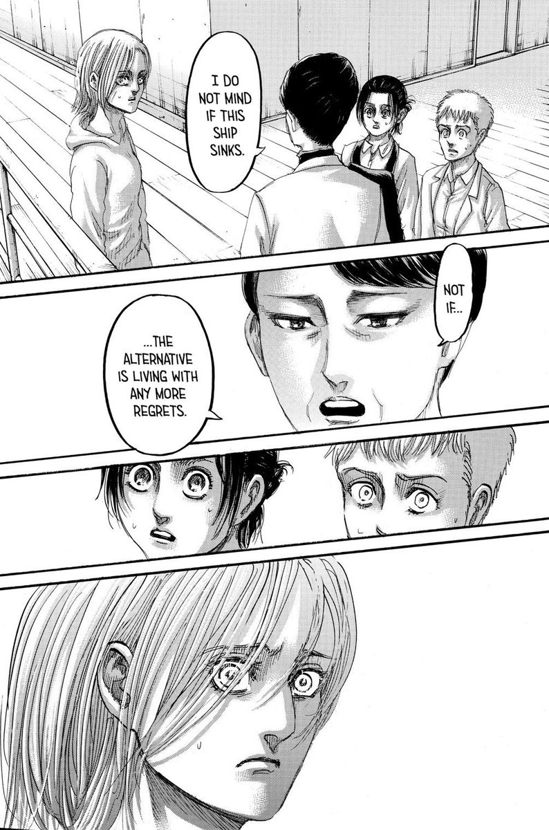 however, thanks to armin’s influence, kiyomi’s words about not living with regrets, AND falco and gabi showing how they haven’t lost hope and wants to move forward despite having given up herself, led to annie finally being able to make that leap in the end and rejoin the battle.